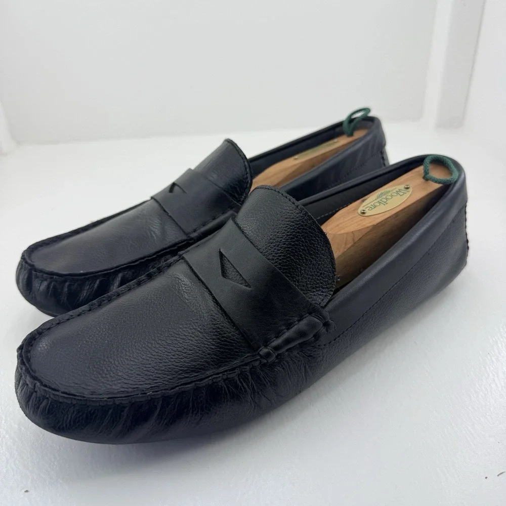 Donald Pliner Mens 10 Black Pebbled Leather Penny Loafers Driving Moc Shoes